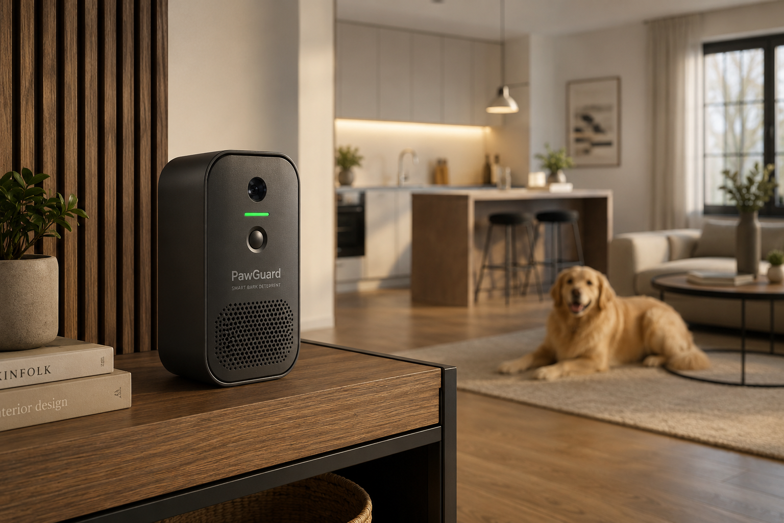 Correct placement of an ultrasonic bark deterrent device with clear line of sight in a studio apartment