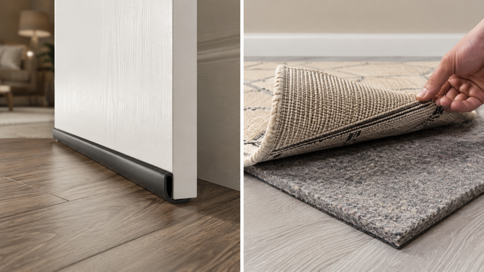 Acoustic soundproofing solutions showing rubber door sweep for airborne noise and dense rug underlayment for impact floor noise