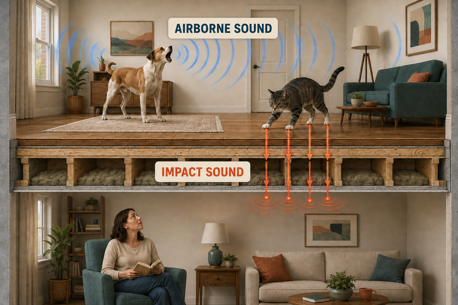 Apartment cutaway showing airborne barking spreading through a room and impact vibration traveling through the floor below