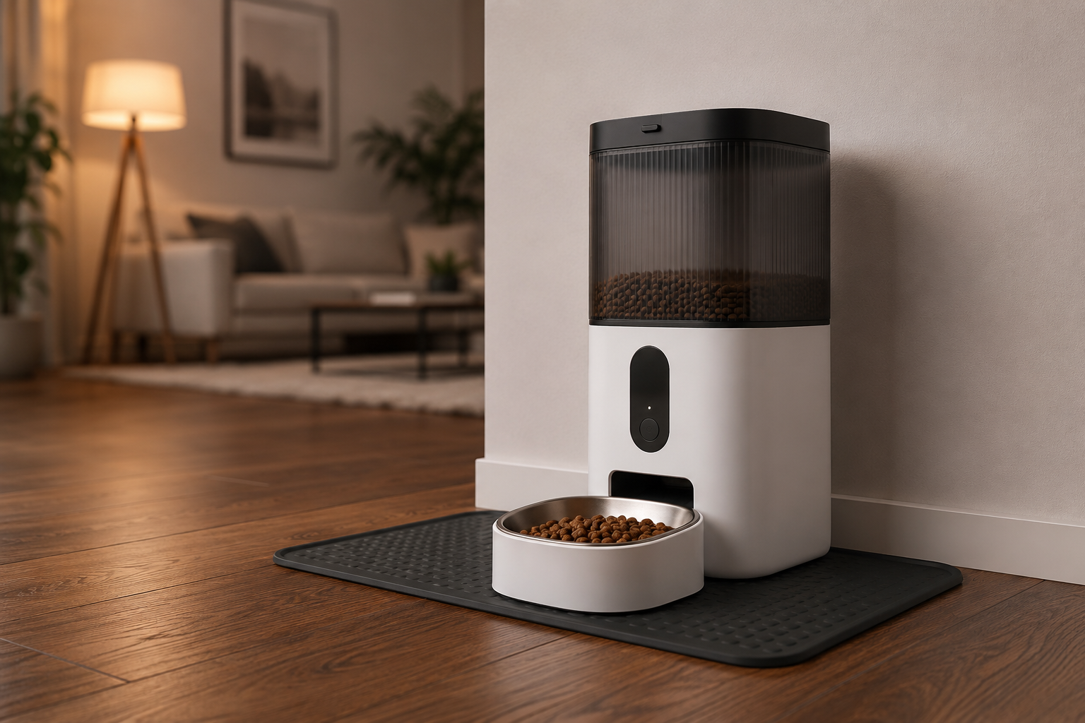 Automatic smart pet feeder placed on a rubber mat against an interior apartment wall