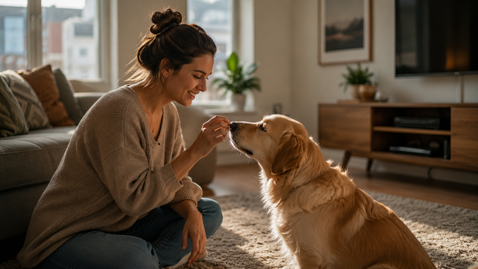 Pet owner using positive reinforcement training with dog in an apartment as an alternative to deterrent devices