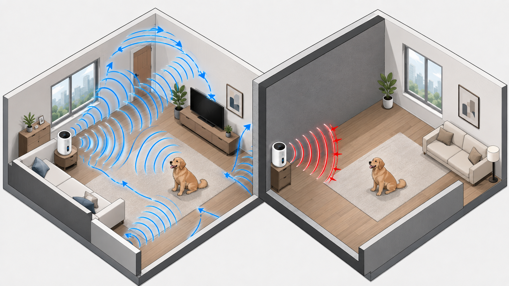 Diagram showing ultrasonic sound waves reflecting inside an apartment room but blocked by a shared wall