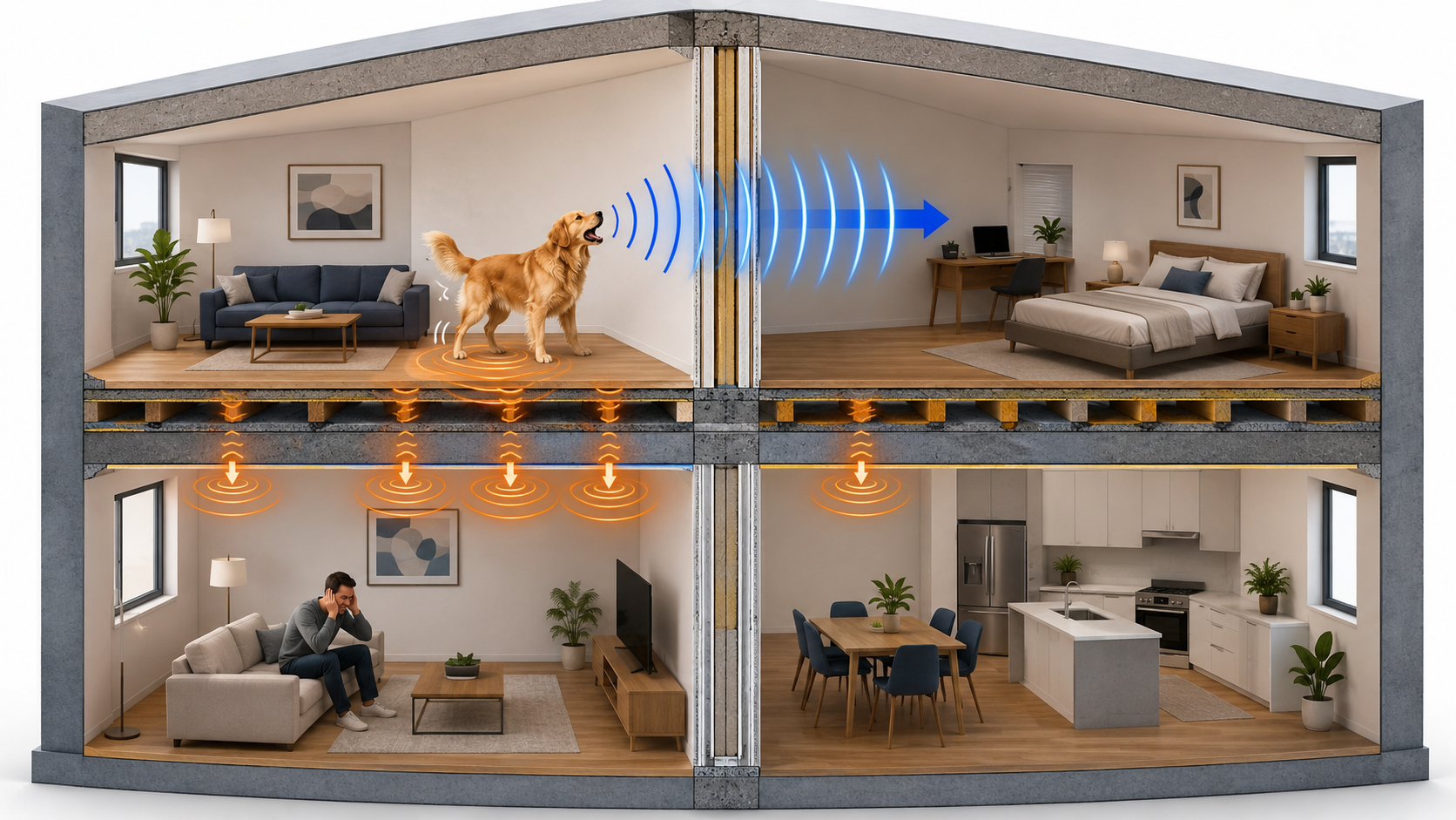 Diagram showing airborne pet noise traveling through shared walls versus impact noise vibrating down through apartment floors