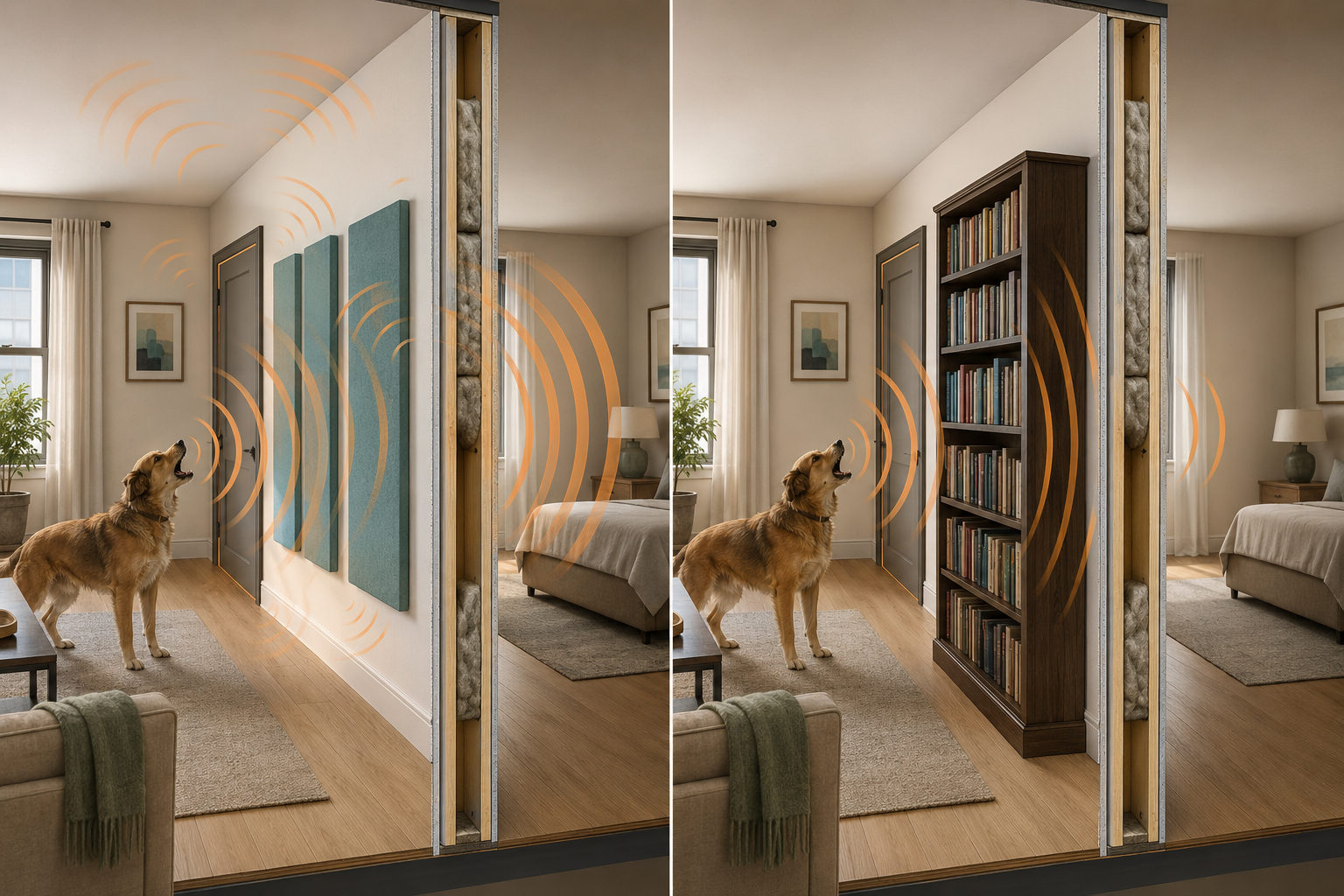 Acoustic panels reduce room echo while a loaded bookshelf adds mass against a shared wall