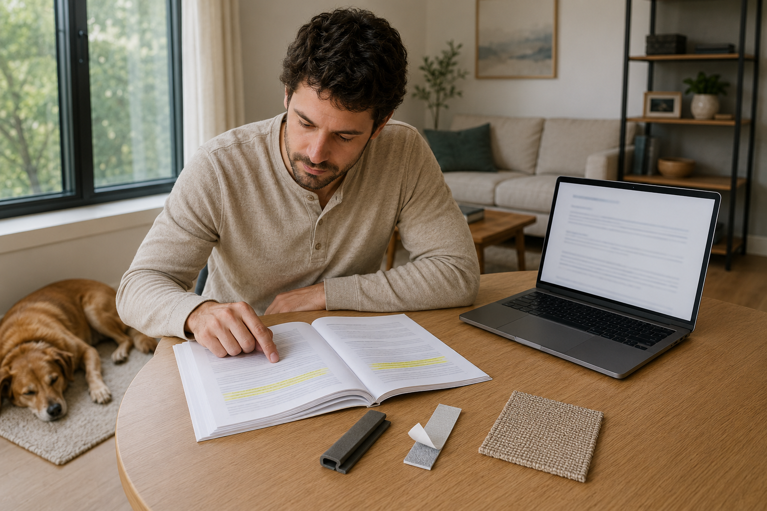 Renter reviews lease terms and written approval before installing removable pet-noise treatments
