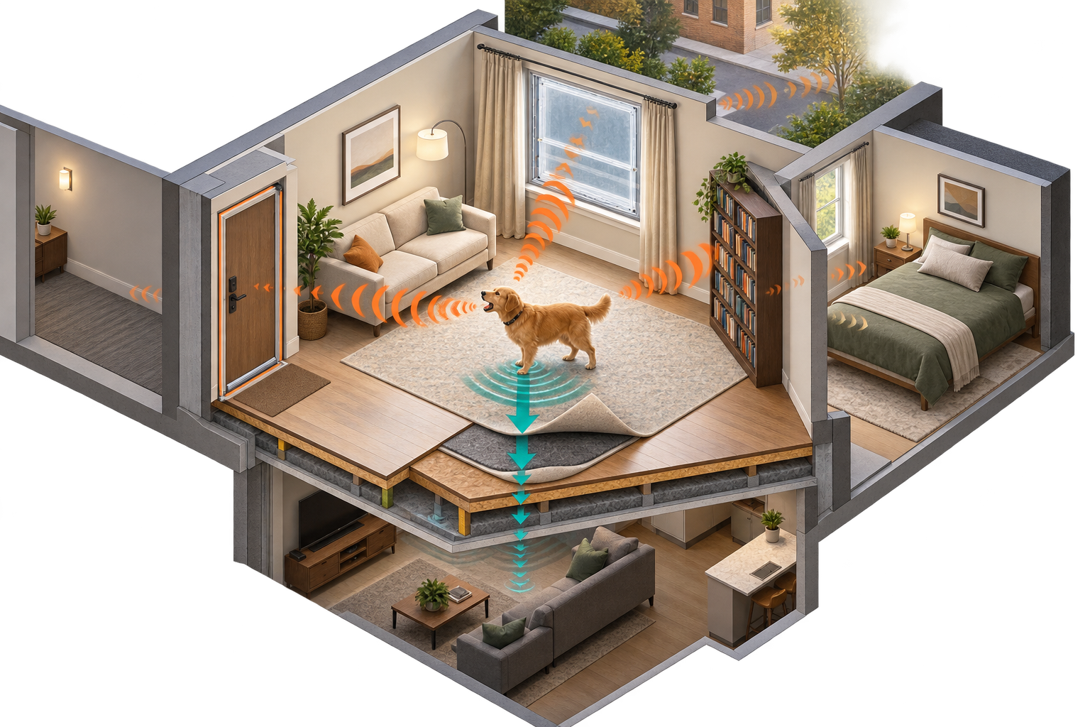Cutaway apartment showing pet noise traveling downstairs, into the hall, outdoors, and through a shared wall