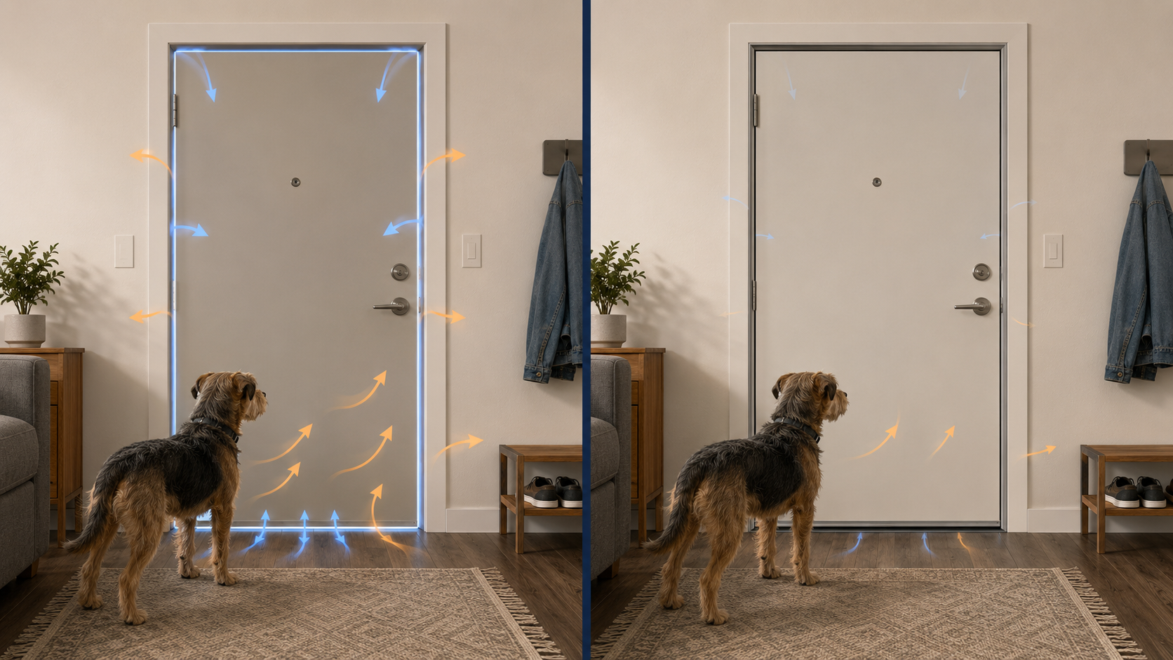 Before-and-after diagram showing door seals reducing hallway sounds entering and dog barks leaving through an apartment front door
