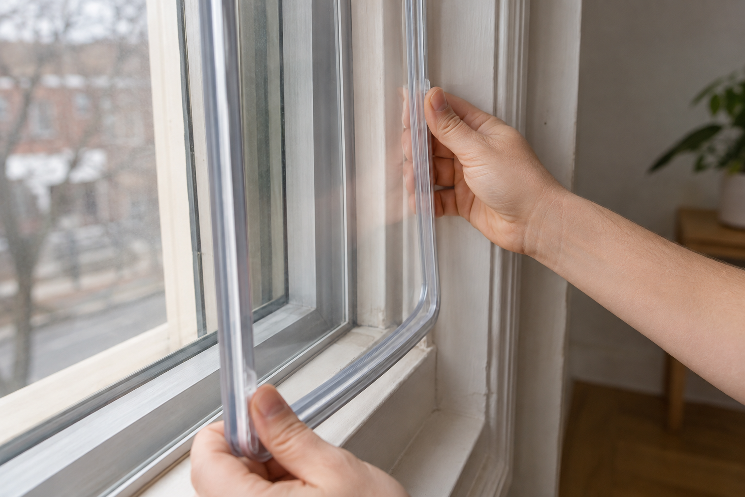Hands fitting a clear acrylic window insert with compression tubing into an existing rental window frame