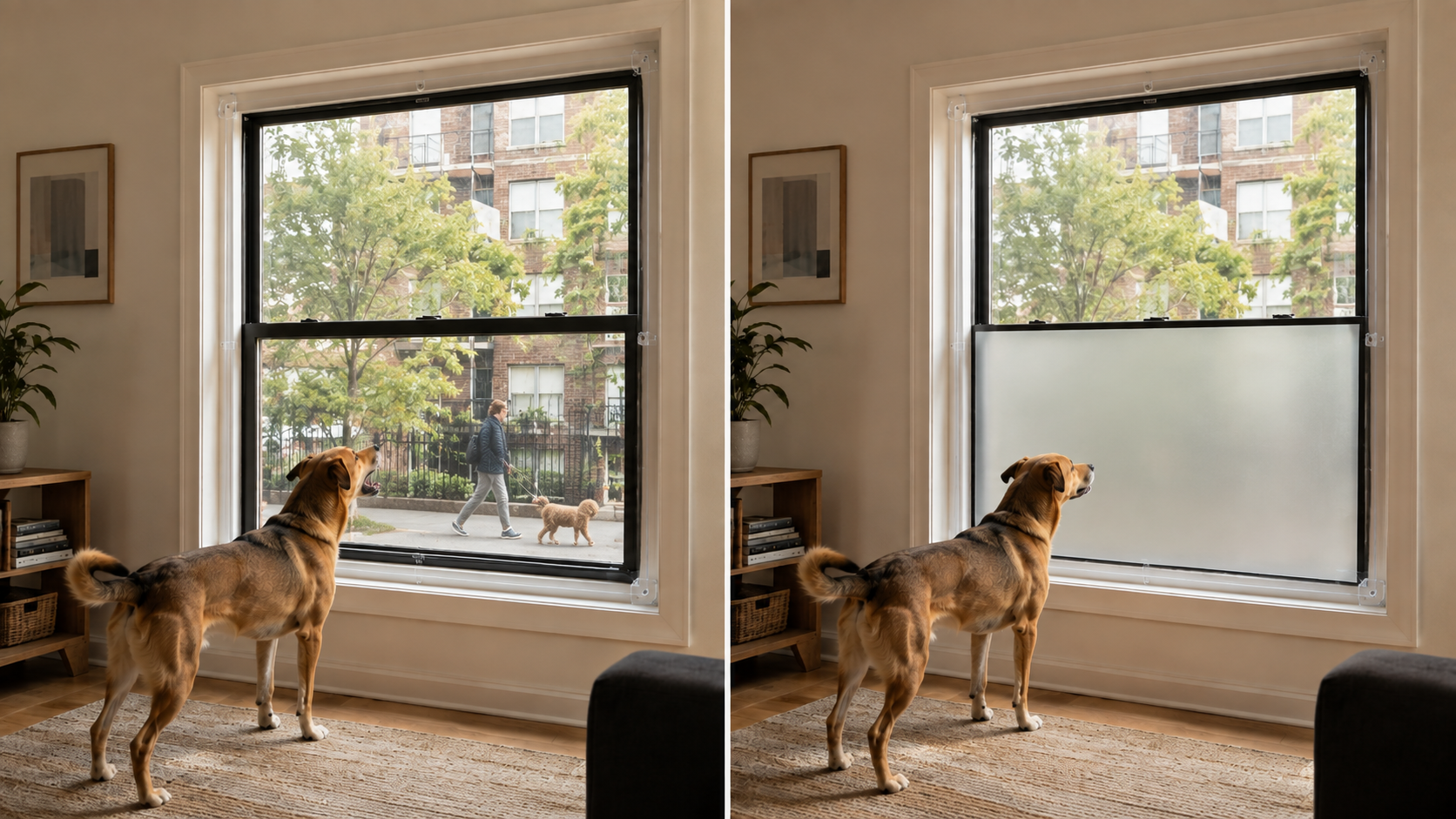 The same dog reacting to a passerby through a clear window and losing sight of the trigger when the lower window is obscured