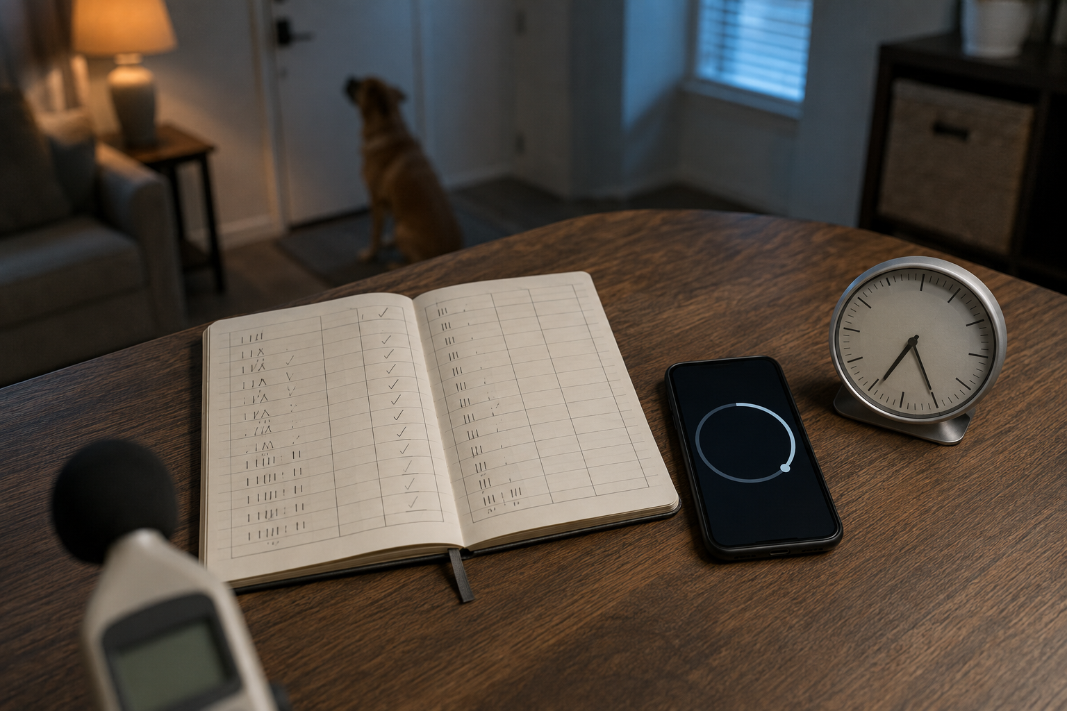 Notebook, timer and clock used to record how long a dog barks in an apartment.