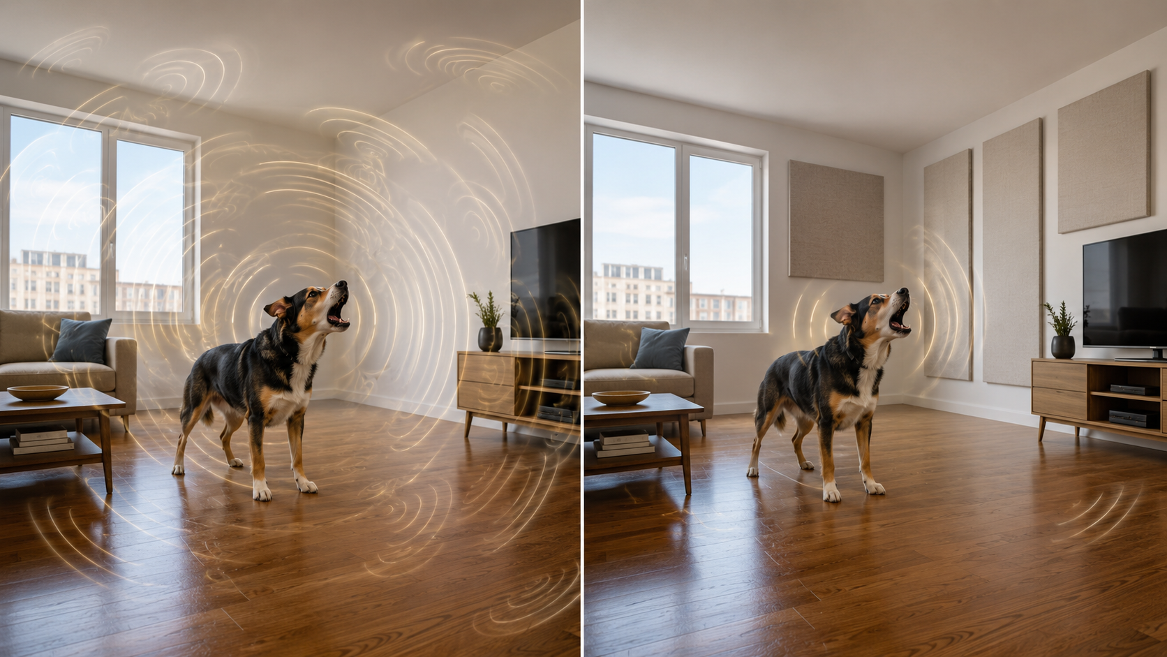 Same barking dog in a reflective apartment before and after room acoustic treatment