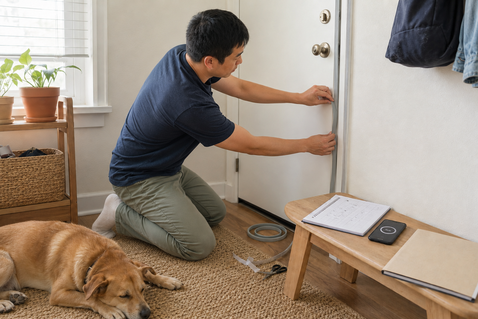 Renter installing removable door weather stripping beside a dog-noise log and phone timer.