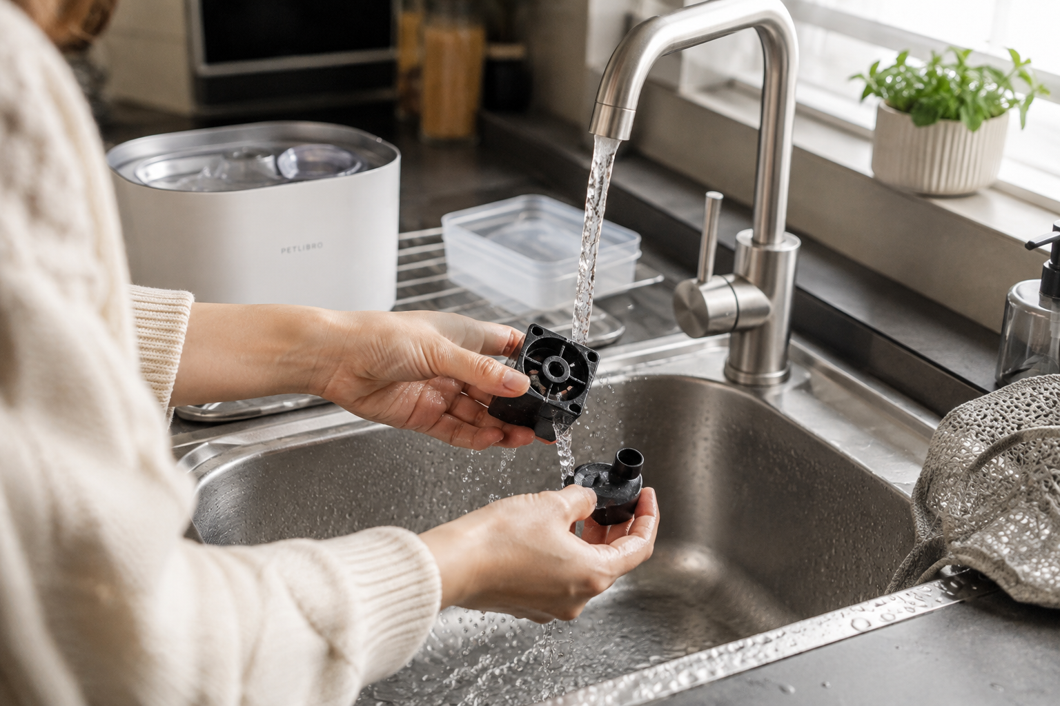 Cleaning a small pet fountain pump in an apartment kitchen sink to prevent noise