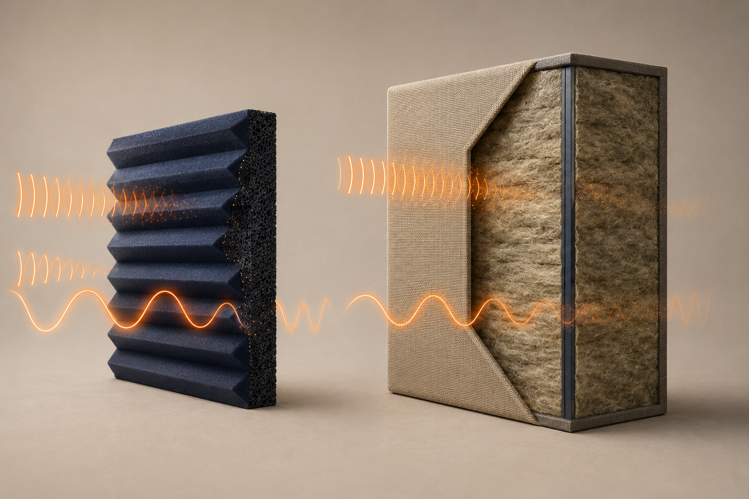 Open-cell foam compared with a dense fabric-wrapped acoustic panel across sound
