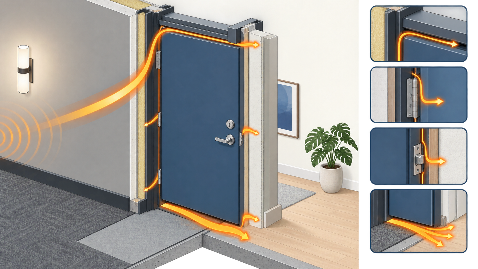 Cutaway diagram showing airborne sound flanking a closed apartment door through its top, side and bottom gaps