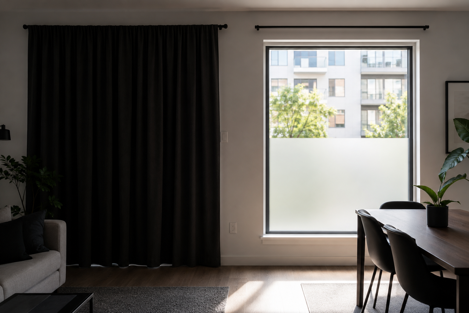 Comparison between heavy curtains blocking daylight and frosted window film preserving light