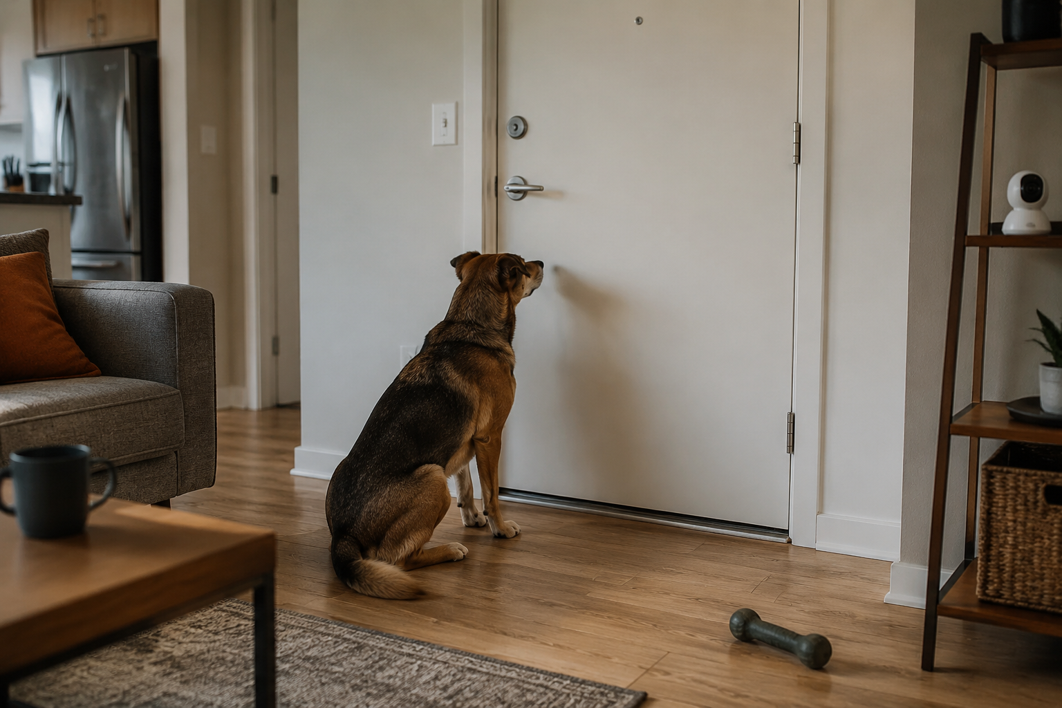 Dog waiting alone by an apartment door while a pet camera monitors the room.