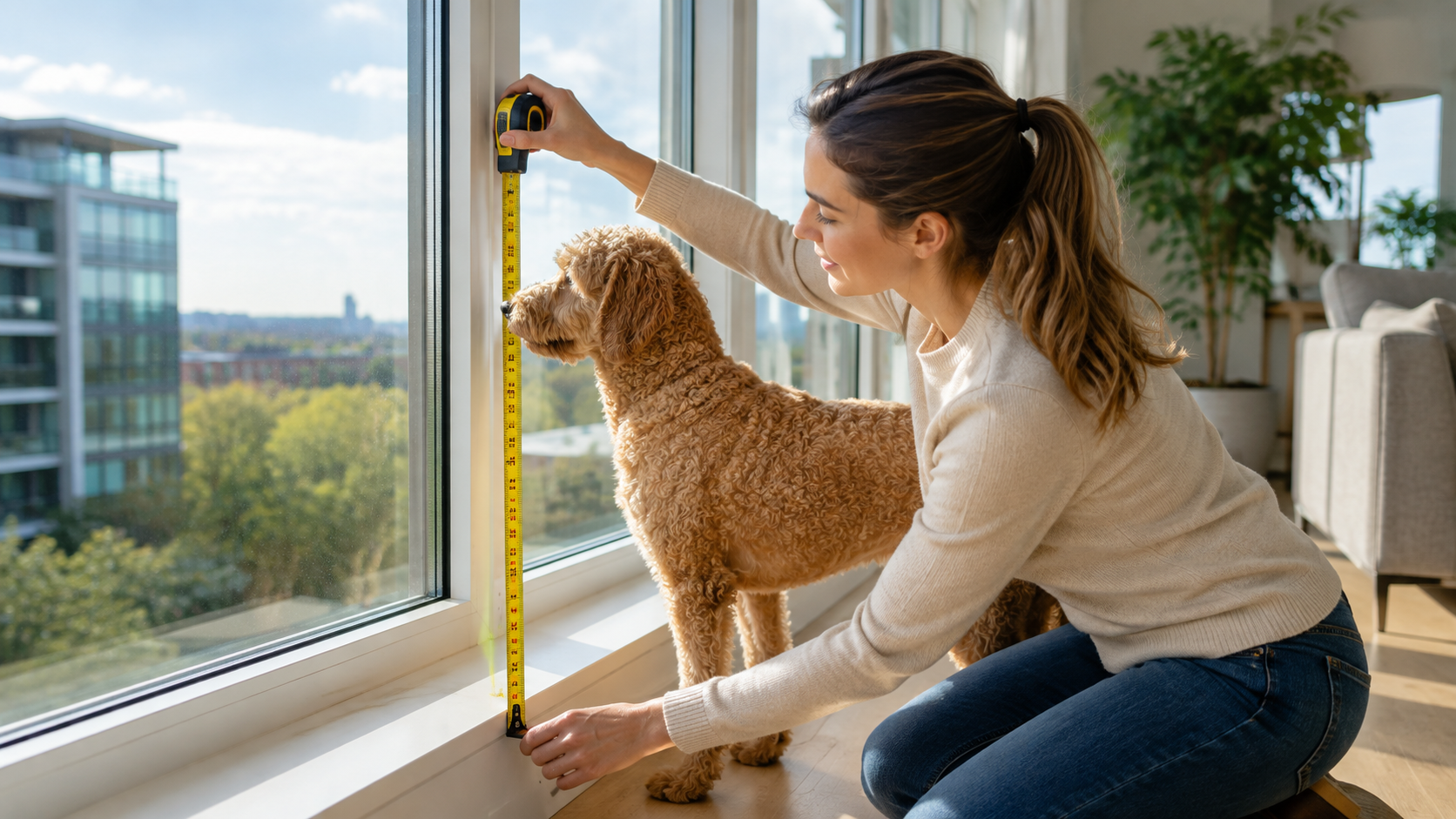 Measuring window film height to match a dog standing eye level on an apartment window
