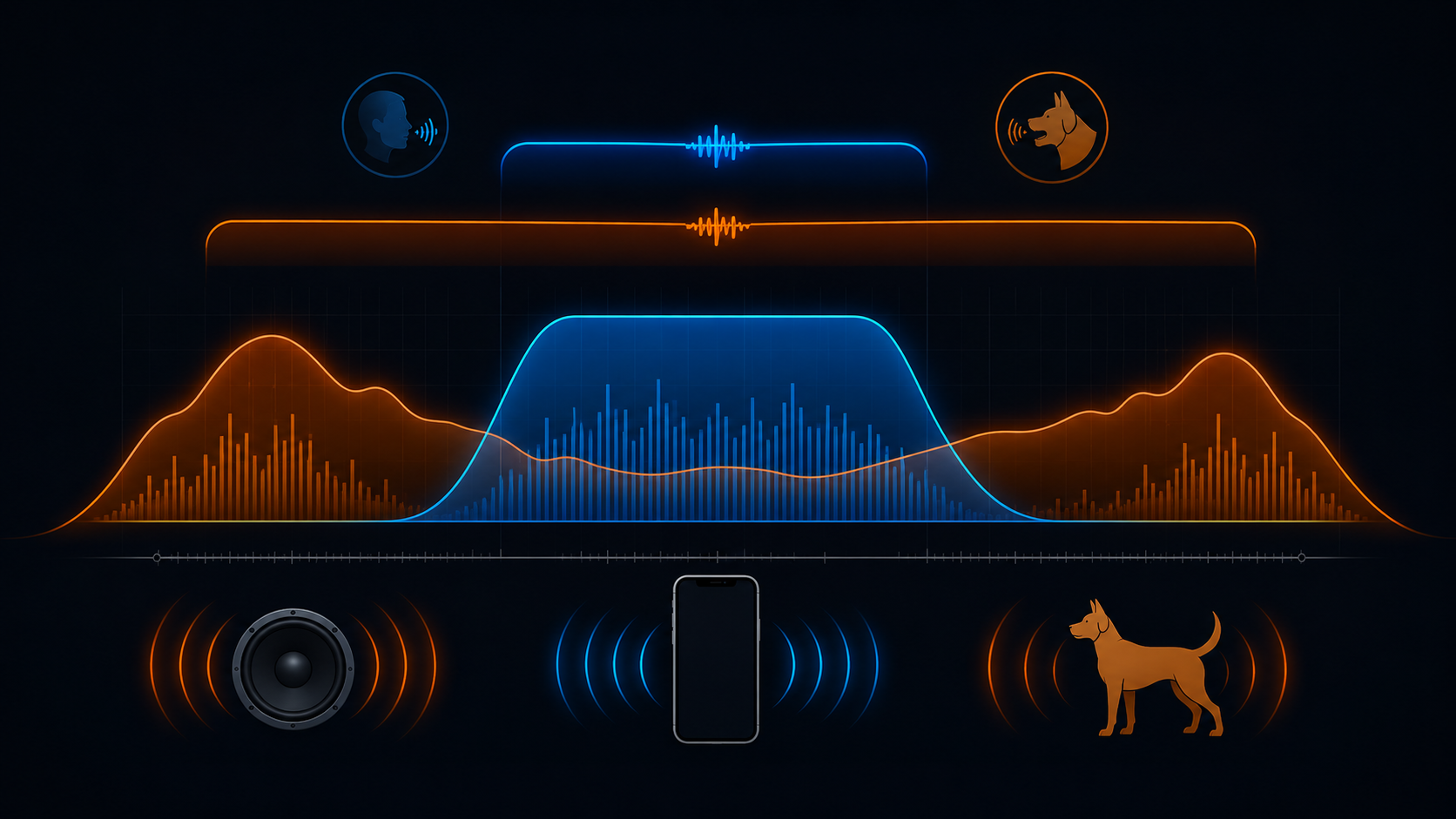 Infographic chart showing smartphone microphone frequency response curve compared to dog bark sound frequencies