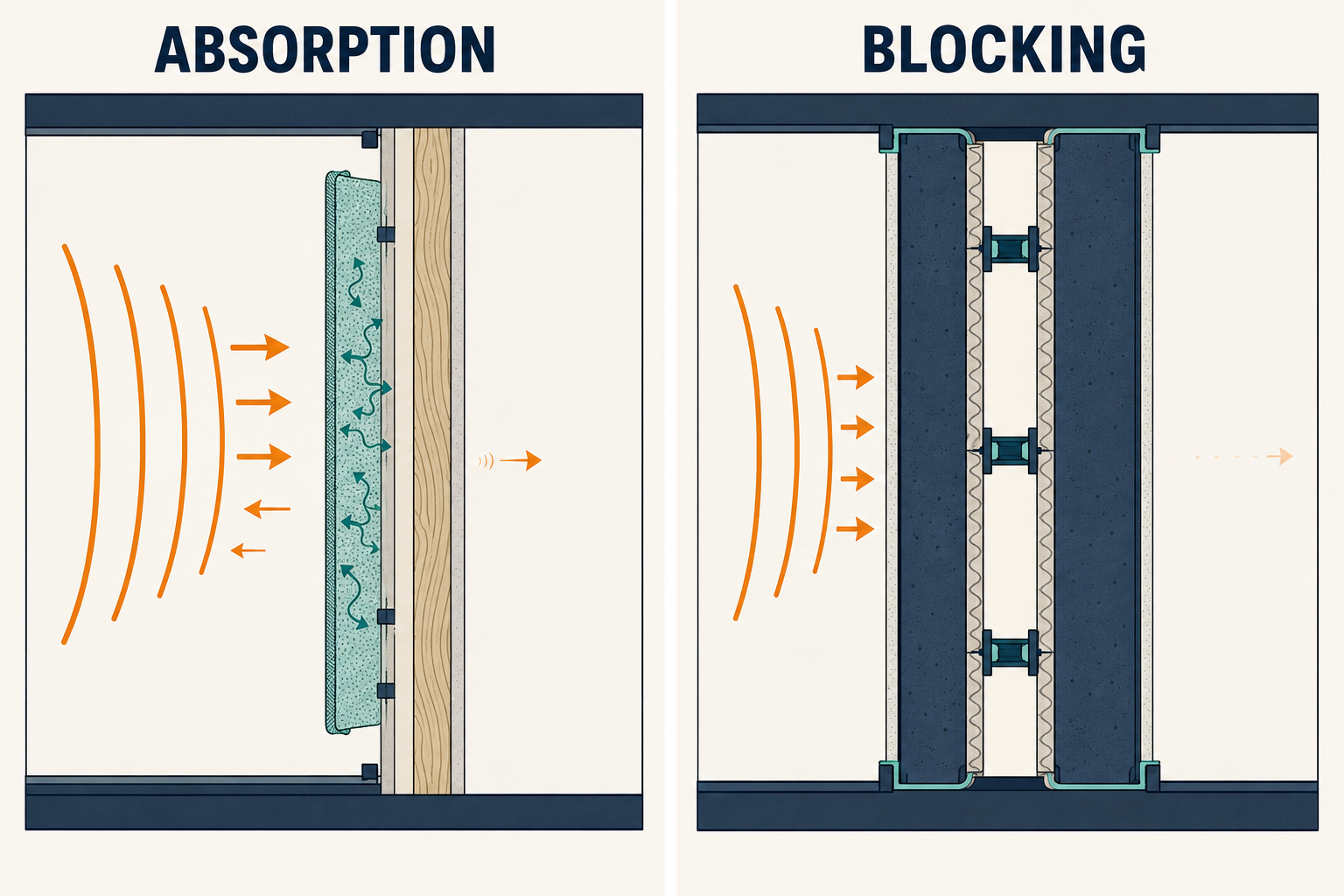 Diagram comparing room-side sound absorption with sound blocking through a heavy sealed wall