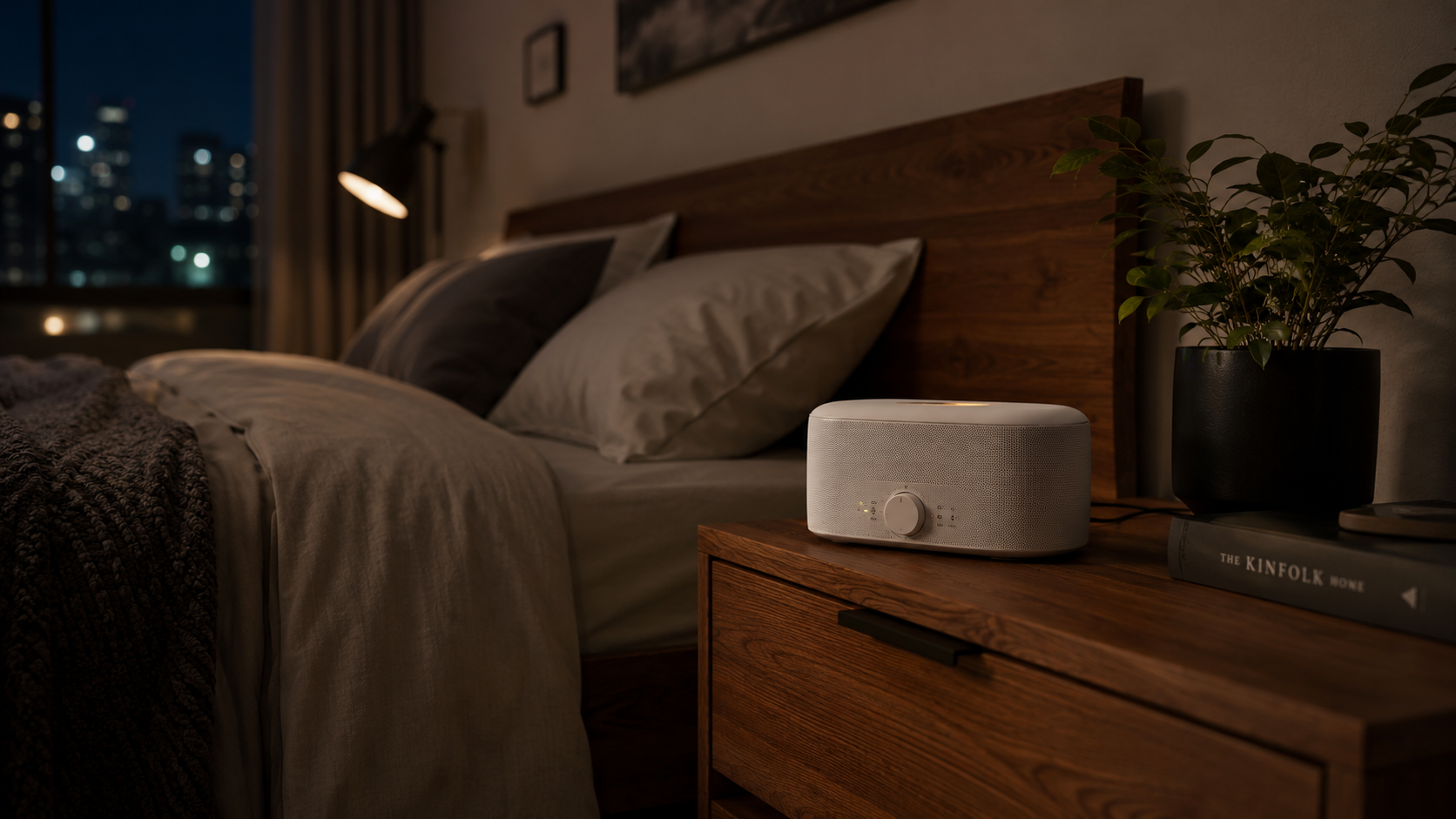 White noise machine on a bedroom nightstand helping mask sound for sleep