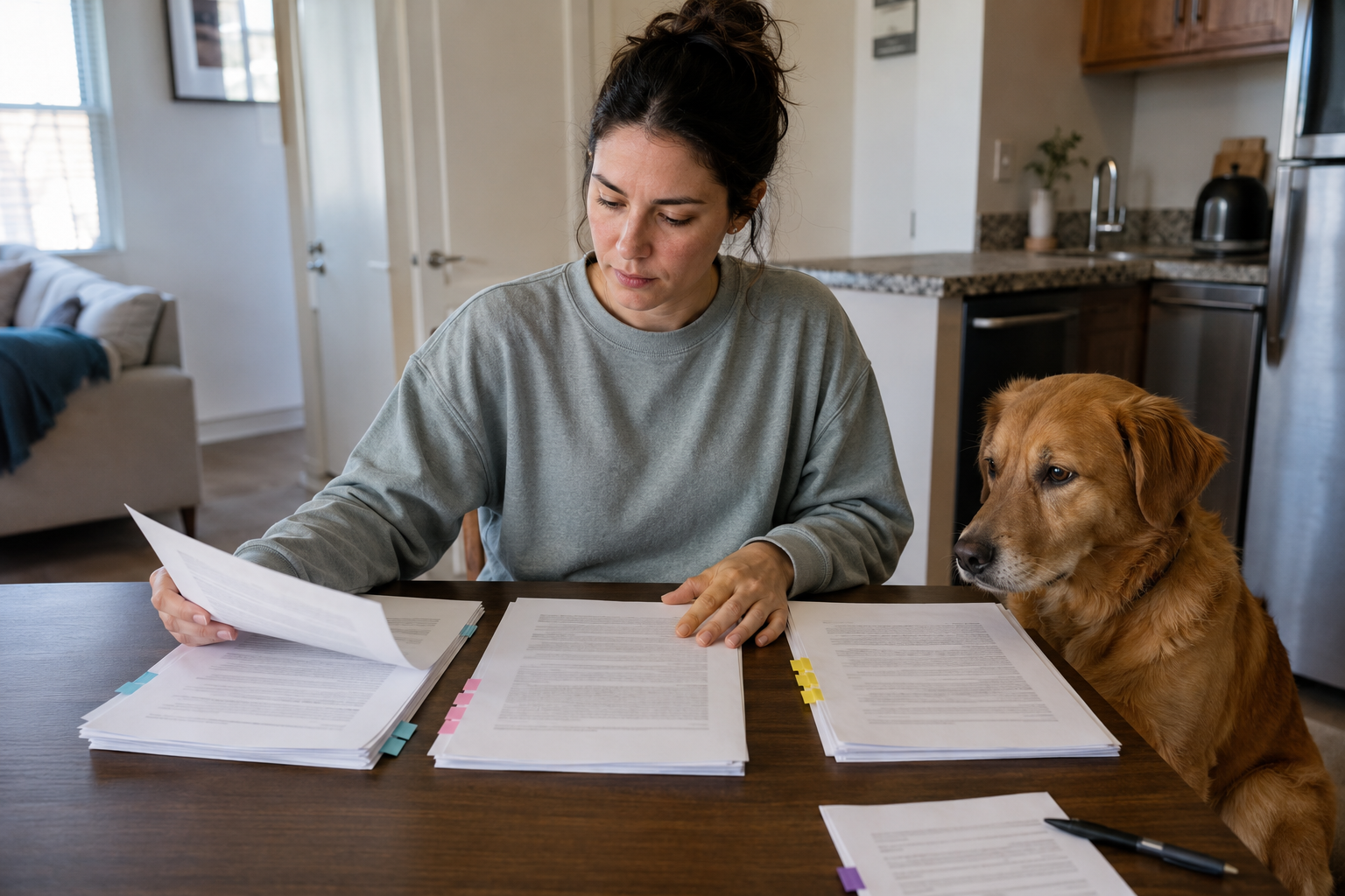 Apartment renter reviewing lease and pet-rule documents with a dog beside the table.
