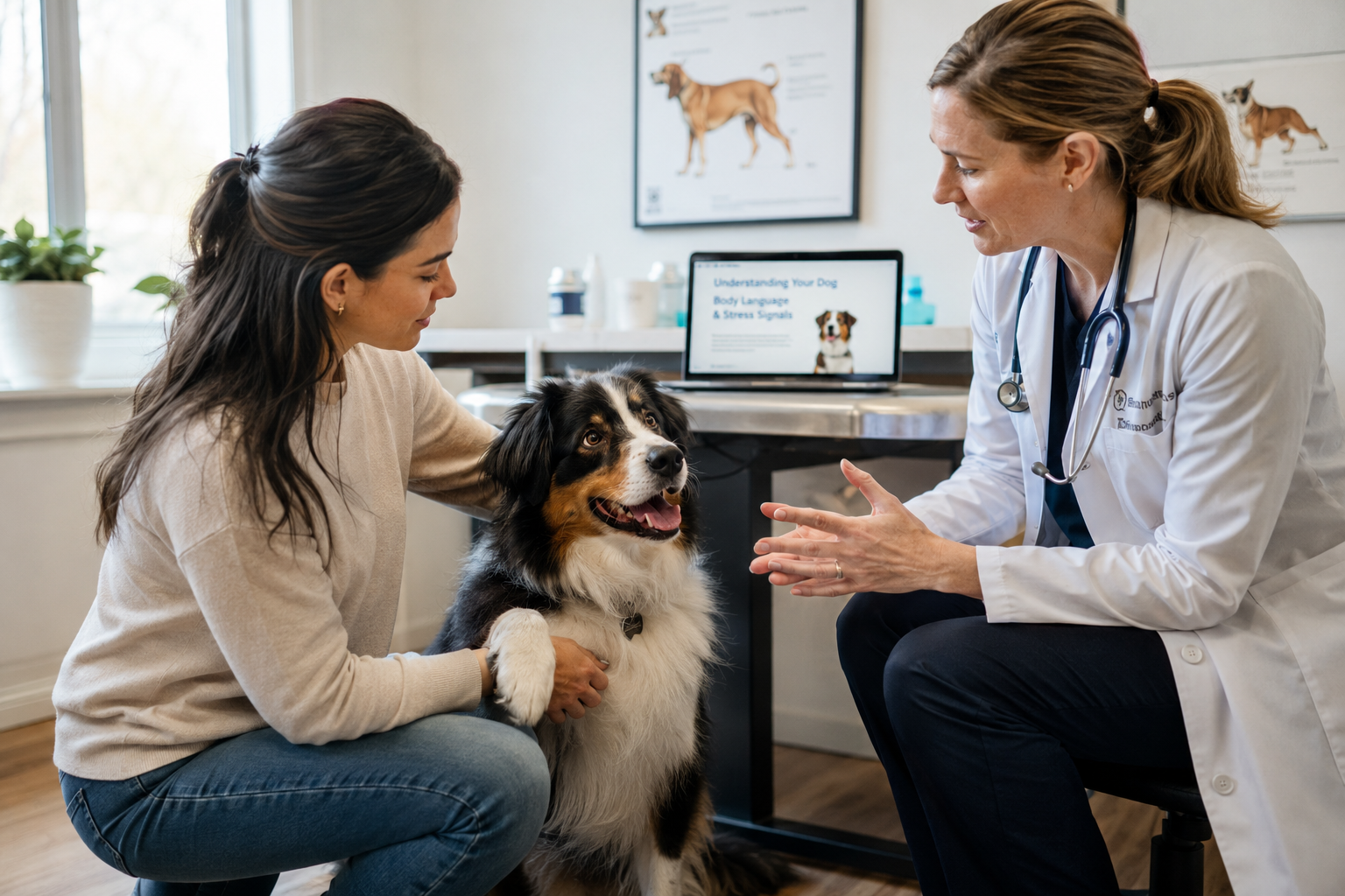 Pet owner consulting a veterinarian for dog barking and anxiety solutions