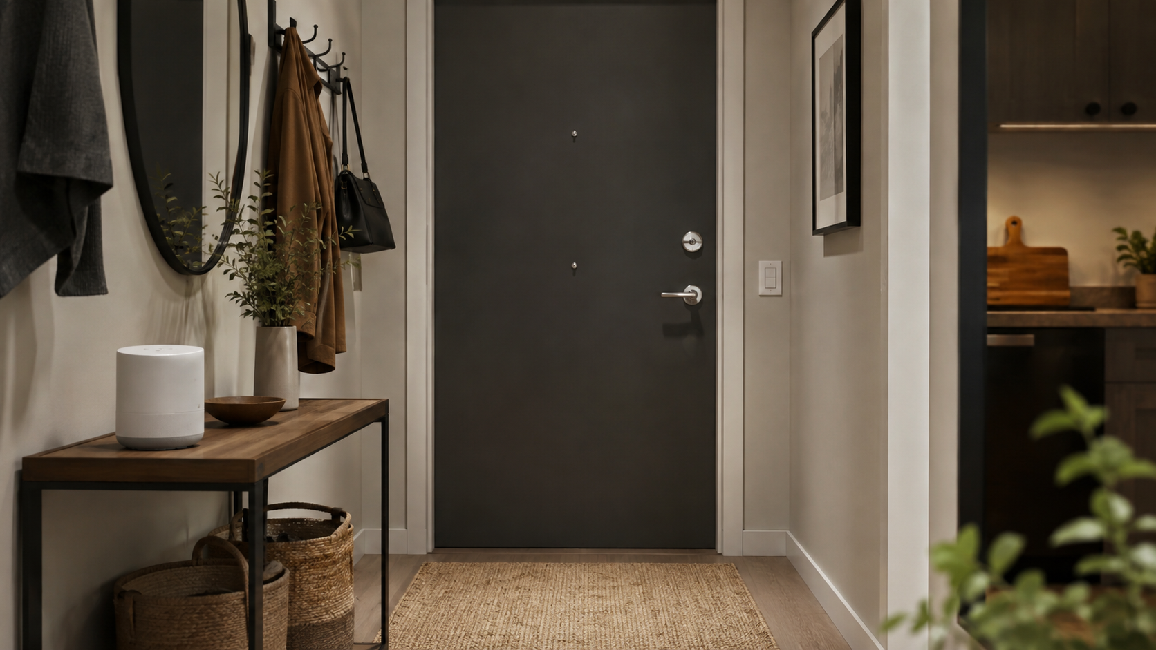White noise machine positioned near the front door to block hallway triggers