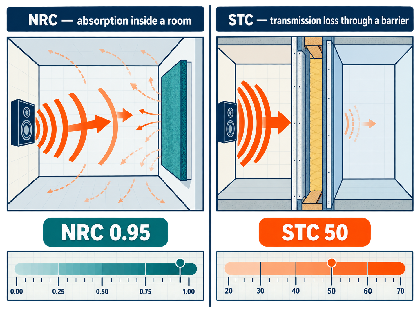 NRC measures sound absorption while STC measures sound transmission loss through a wall