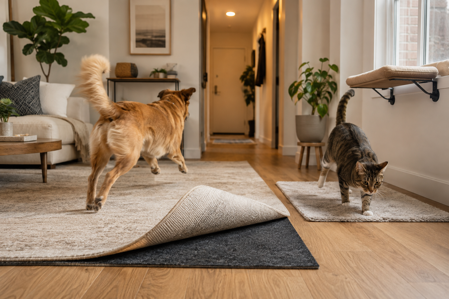 A dog runs across a padded area rug while a cat lands on a smaller rug in a hardwood apartment