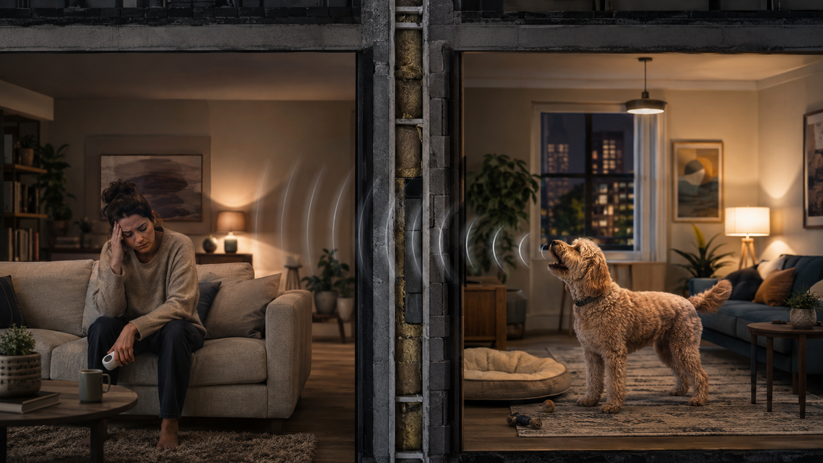 Resident in one apartment reacting to a neighbor’s barking dog across a shared wall while holding a generic bark-control device