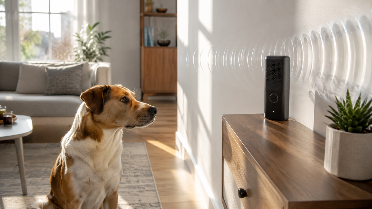 Dog reacting to an ultrasonic bark control device on a side table in a modern apartment
