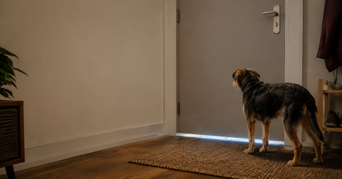 An alert dog faces a closed apartment door as hallway light and sound waves enter through the gap underneath