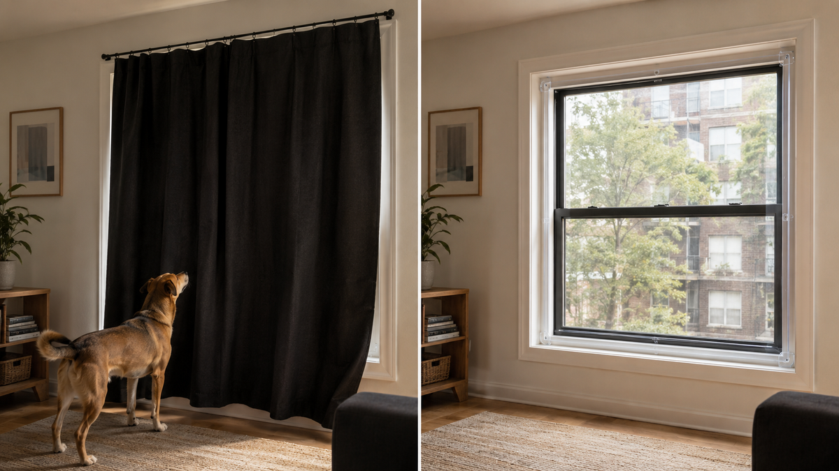 A blackout curtain blocking a dog's view beside a clear compression-fit window insert sealing the frame