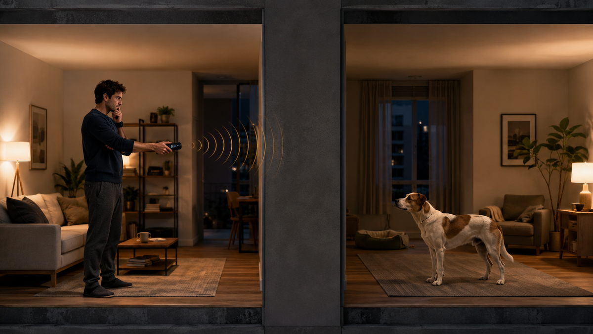 A resident aims an ultrasonic bark deterrent toward a shared wall while a neighbor’s dog remains unseen in the adjoining apartment