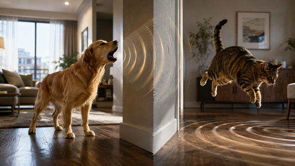Visualizing airborne soundwaves and floor impact vibrations from pets in an apartment.