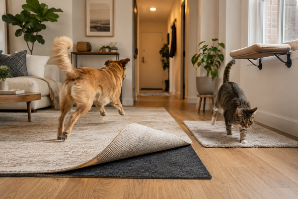 A dog runs across a padded area rug while a cat lands on a smaller rug in a hardwood apartment