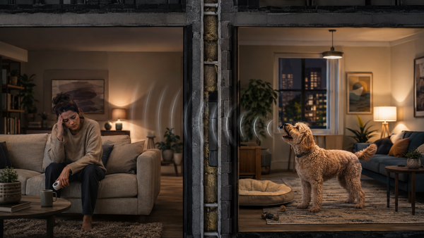 Resident in one apartment reacting to a neighbor’s barking dog across a shared wall while holding a generic bark-control device