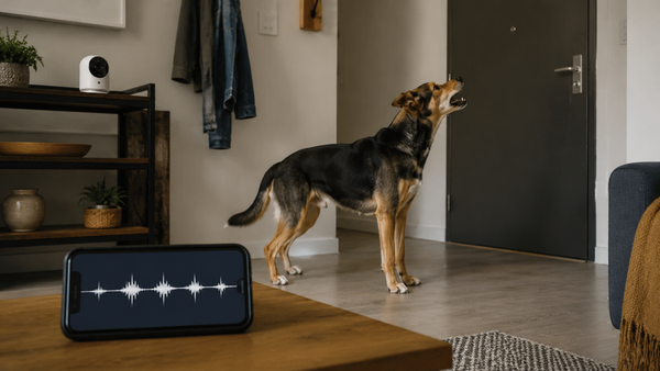 Dog barking near an apartment door while a pet camera records bark events on a phone timeline