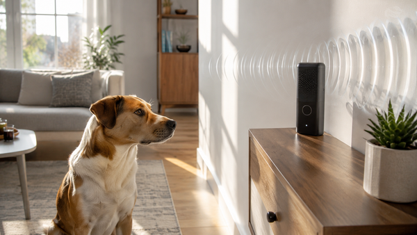 Dog reacting to an ultrasonic bark control device on a side table in a modern apartment