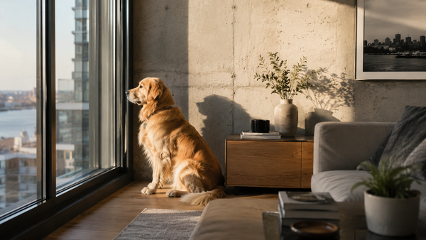 Golden retriever dog sitting near a shared wall in a modern apartment building