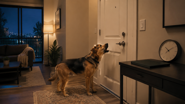 Dog barking near an apartment door at night with a clock and lease folder nearby.