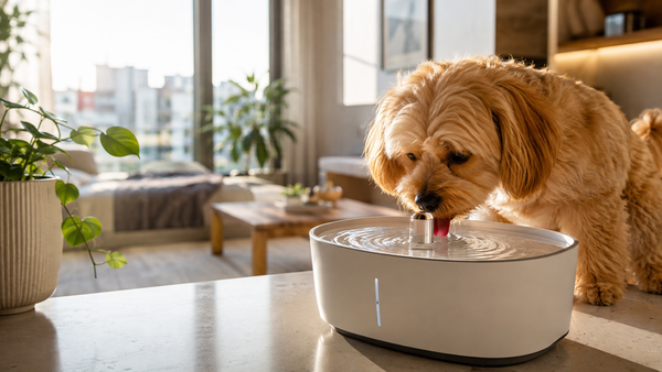 Ultra quiet pet water fountain running on a countertop in a modern small apartment