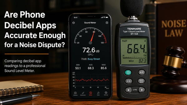 Smartphone running a decibel app compared alongside a professional sound level meter