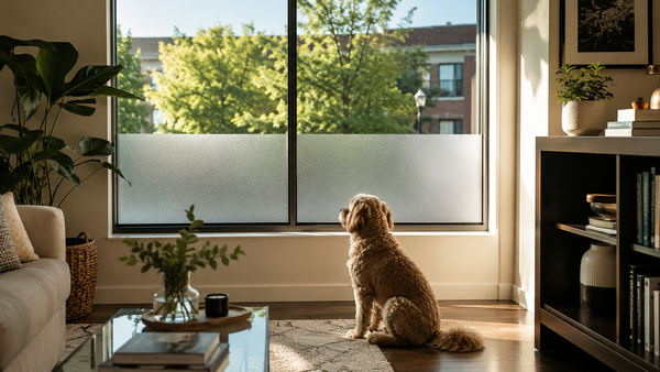 Frosted window film applied to the lower half of an apartment window with daylight coming through top