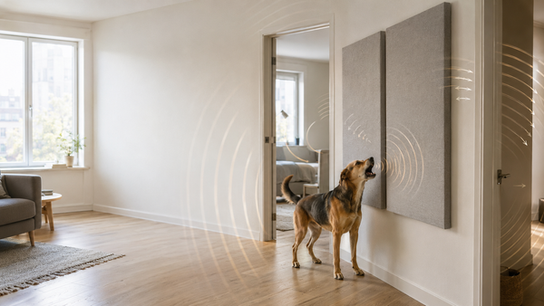 Dog barking in an apartment with acoustic panels as sound still travels toward a neighboring room