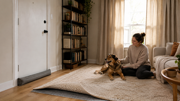 Renter and dog in an apartment with a dense rug, sealed door, heavy curtains, and a book-filled shared wall