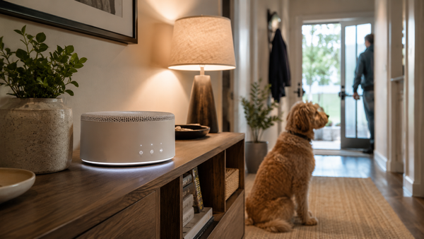 White noise machine placed in an apartment hallway to reduce pet barking