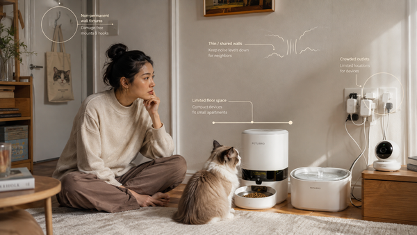 Apartment pet owner evaluating smart tech devices against small space constraints
